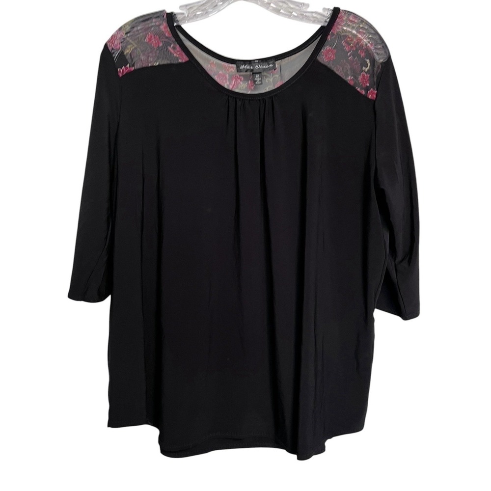 STAR VIXEN Sz 3X Top Sheer Floral‎ Yoke Black Pink 3/4 Sleeve Blouse Flowy Style